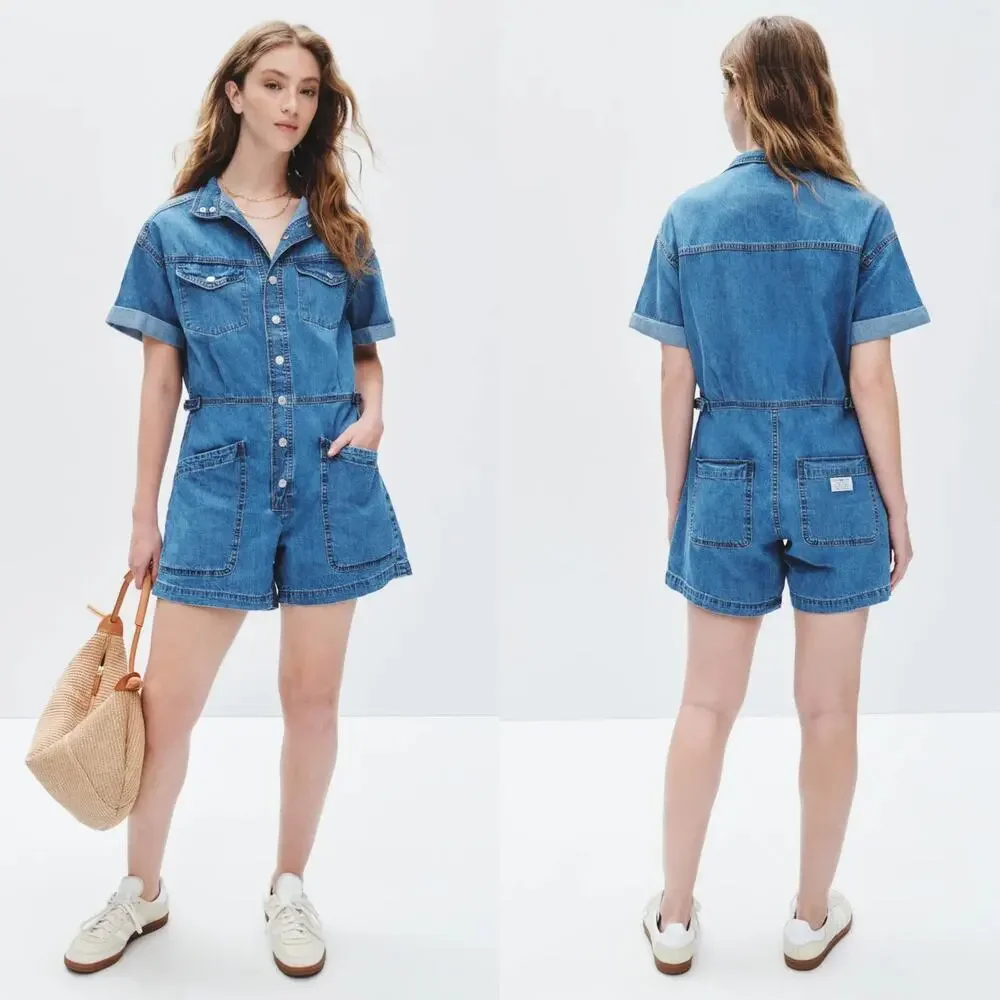 Levi's Surplus Romper Denim Short Sleeve Button Front Collared Utility Blue L